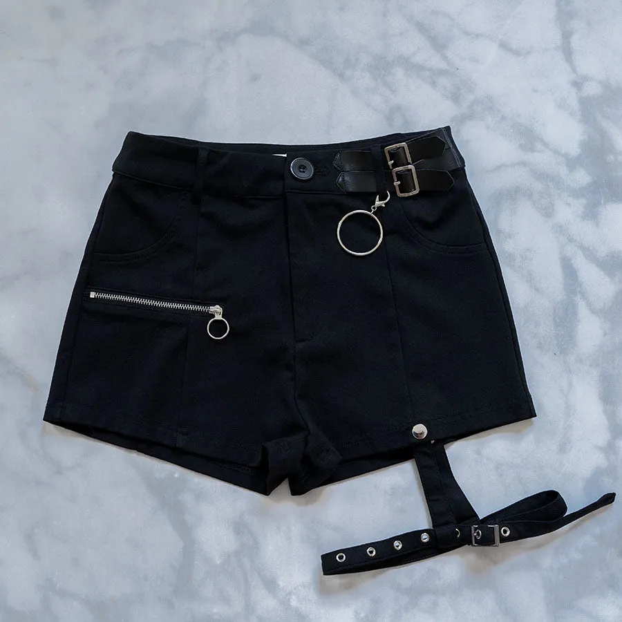 Milk Tea Pleather Detail Leg Strap Shorts