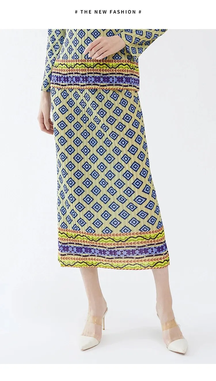 Miyake Pleated Vintage Printed Top and Straight Skirt Set