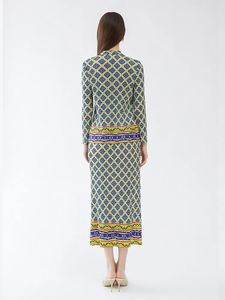 Miyake Pleated Vintage Printed Top and Straight Skirt Set