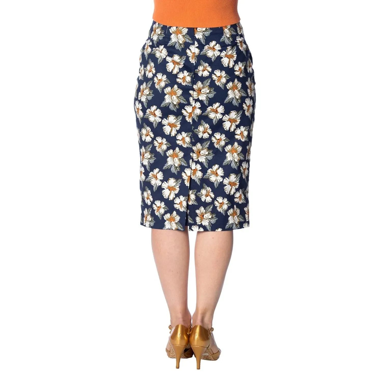 Navy Hawaiian Style Floral Tie-Waist Pencil Skirt