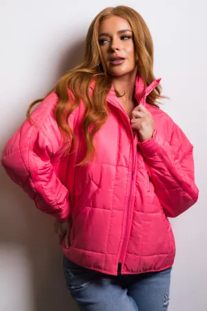 Neon Pink Funnel Neck Zip Up Puffer Jacket