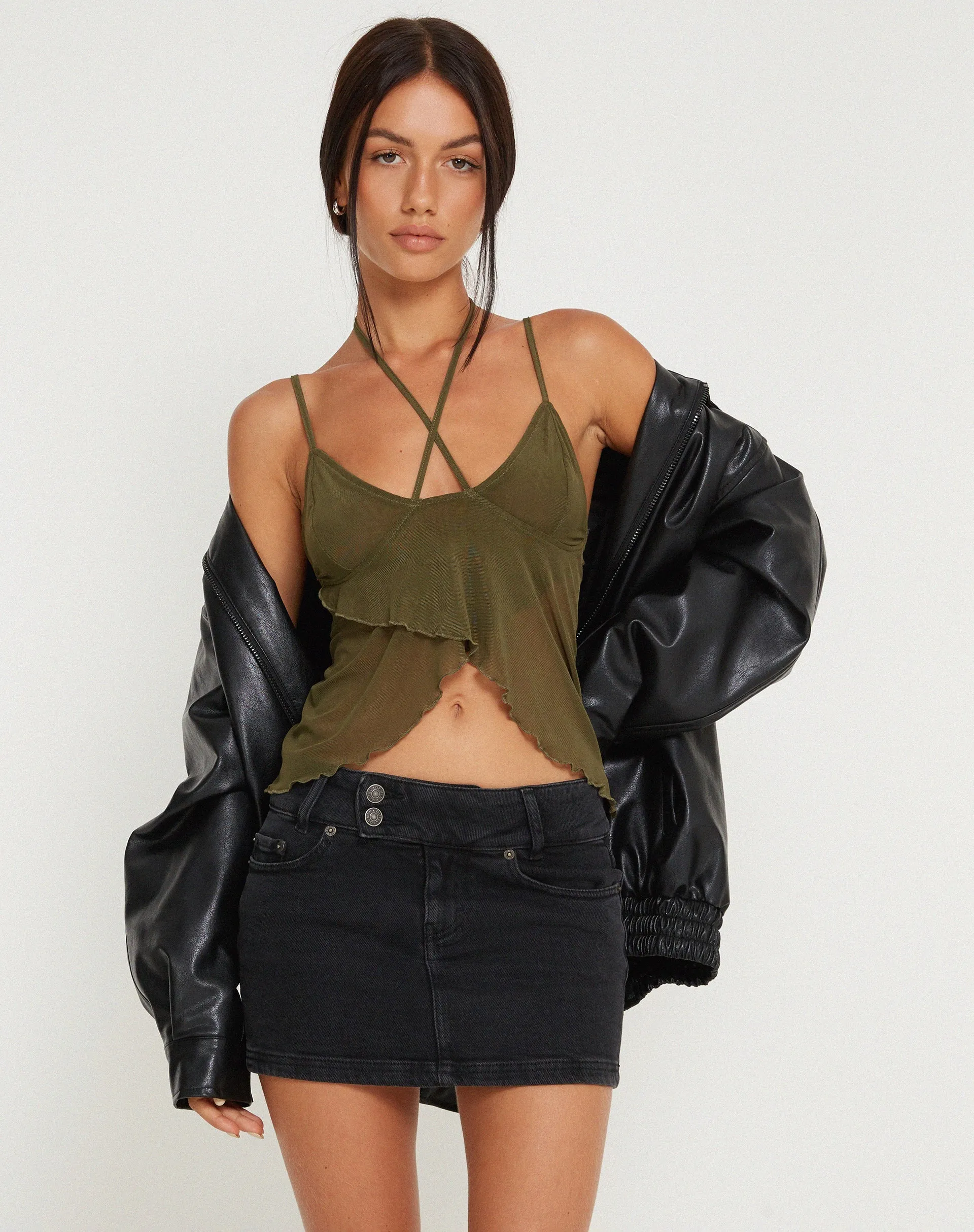 Olgira Mesh Halterneck Vest Top in Khaki