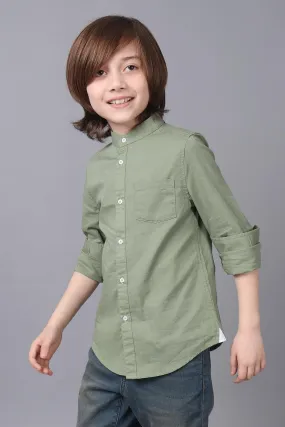 One Friday Kids Boys Green 100% Cotton Band Collar Full Sleeves Patch Pocket Shirt