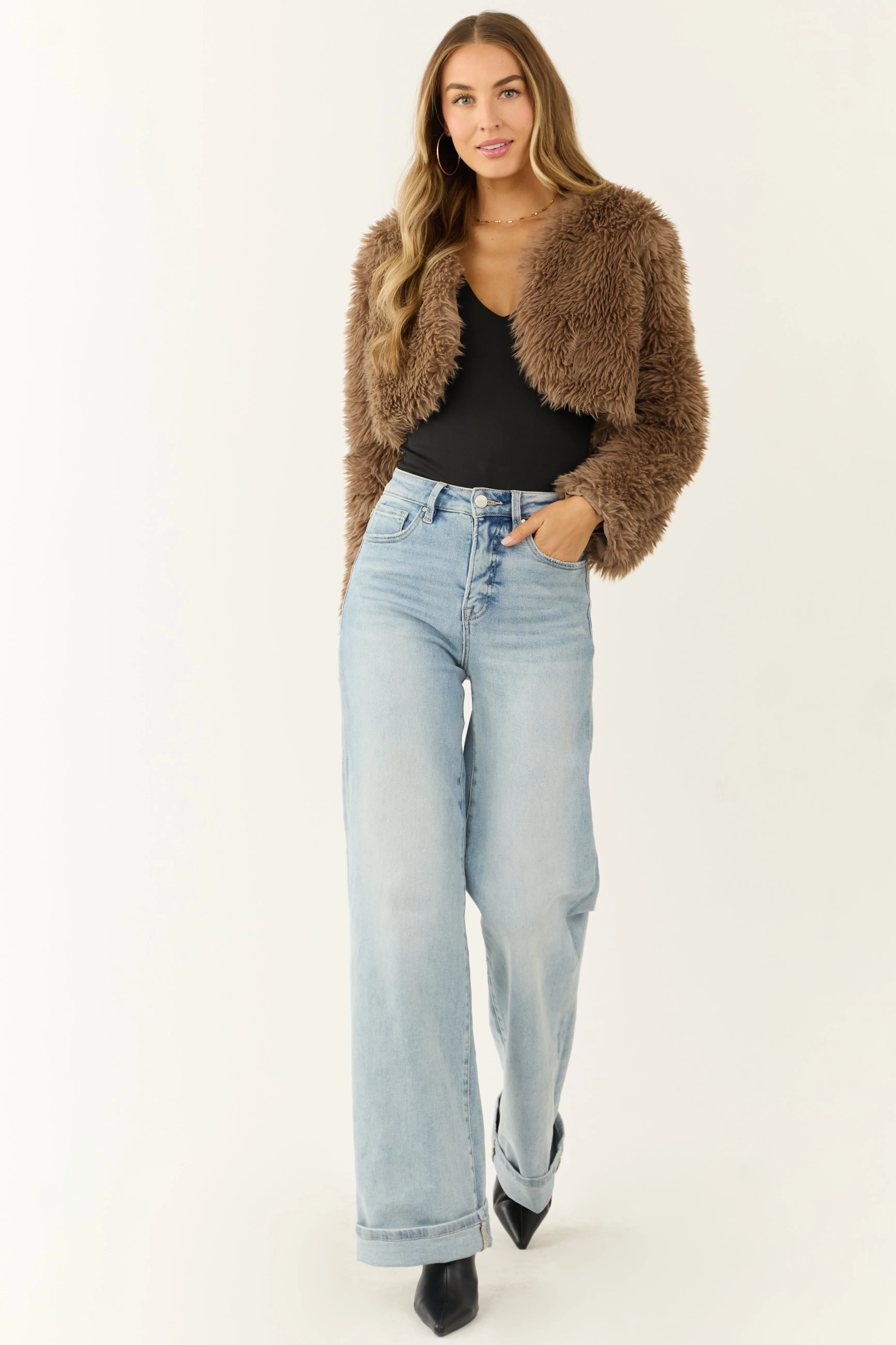 Peanut Faux Fur Long Sleeve Crop Jacket