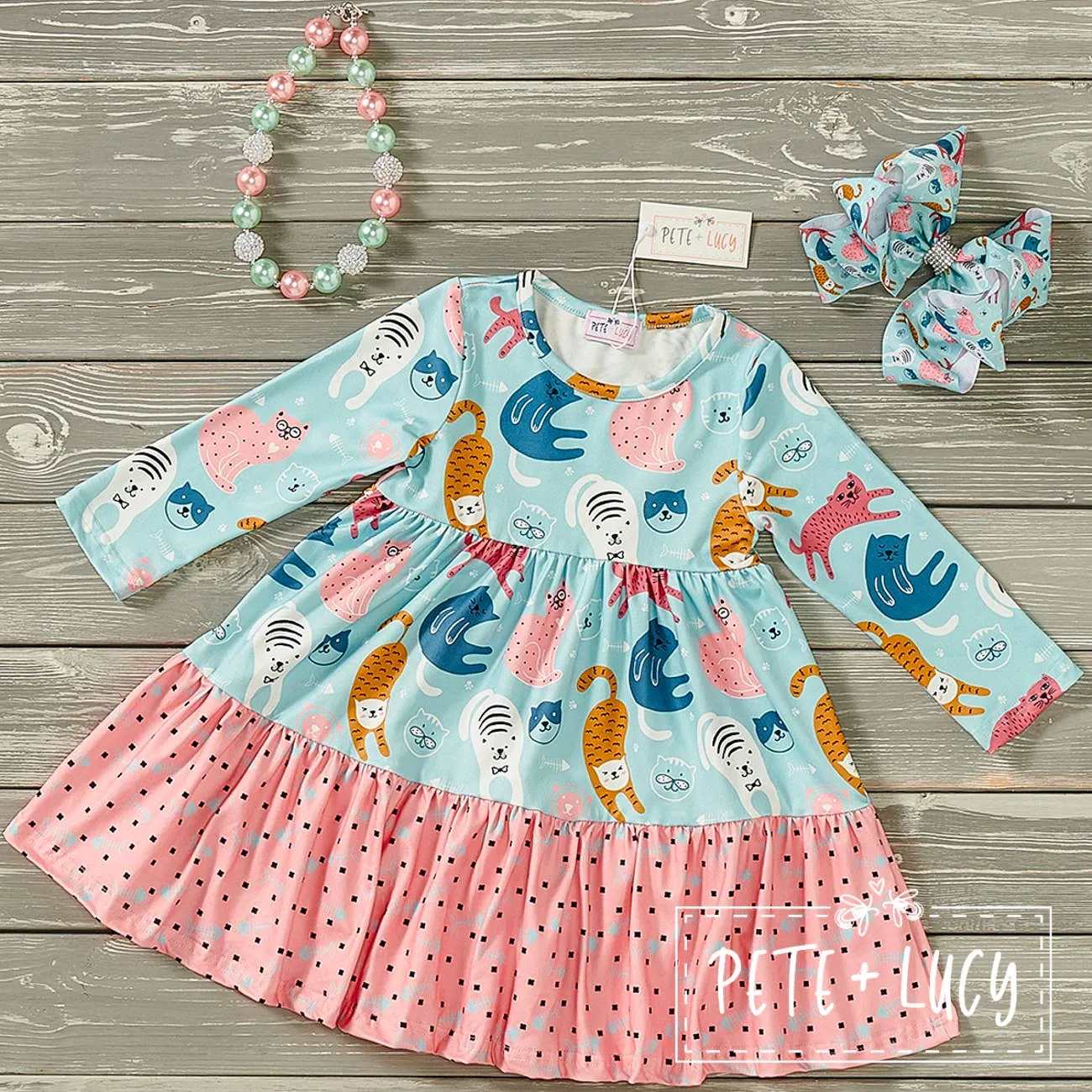 PETE   LUCY Playful Cats Teal Pink Long Sleeve Ruffle Dress