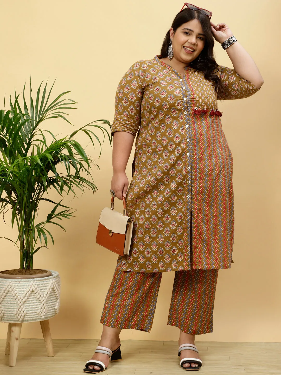 Plus Size Brown Ethnic Printed Straight Kurta With Pants