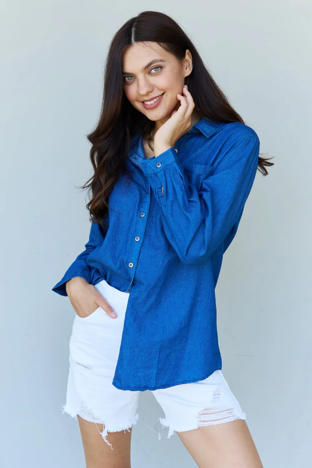 PRE-ORDER: Denim Button Down Shirt Top in Dark Blue