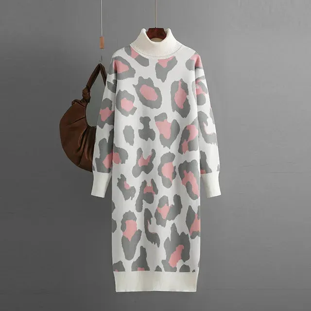 Pre Order:  Leopard Turtleneck Knitted Midi Dress