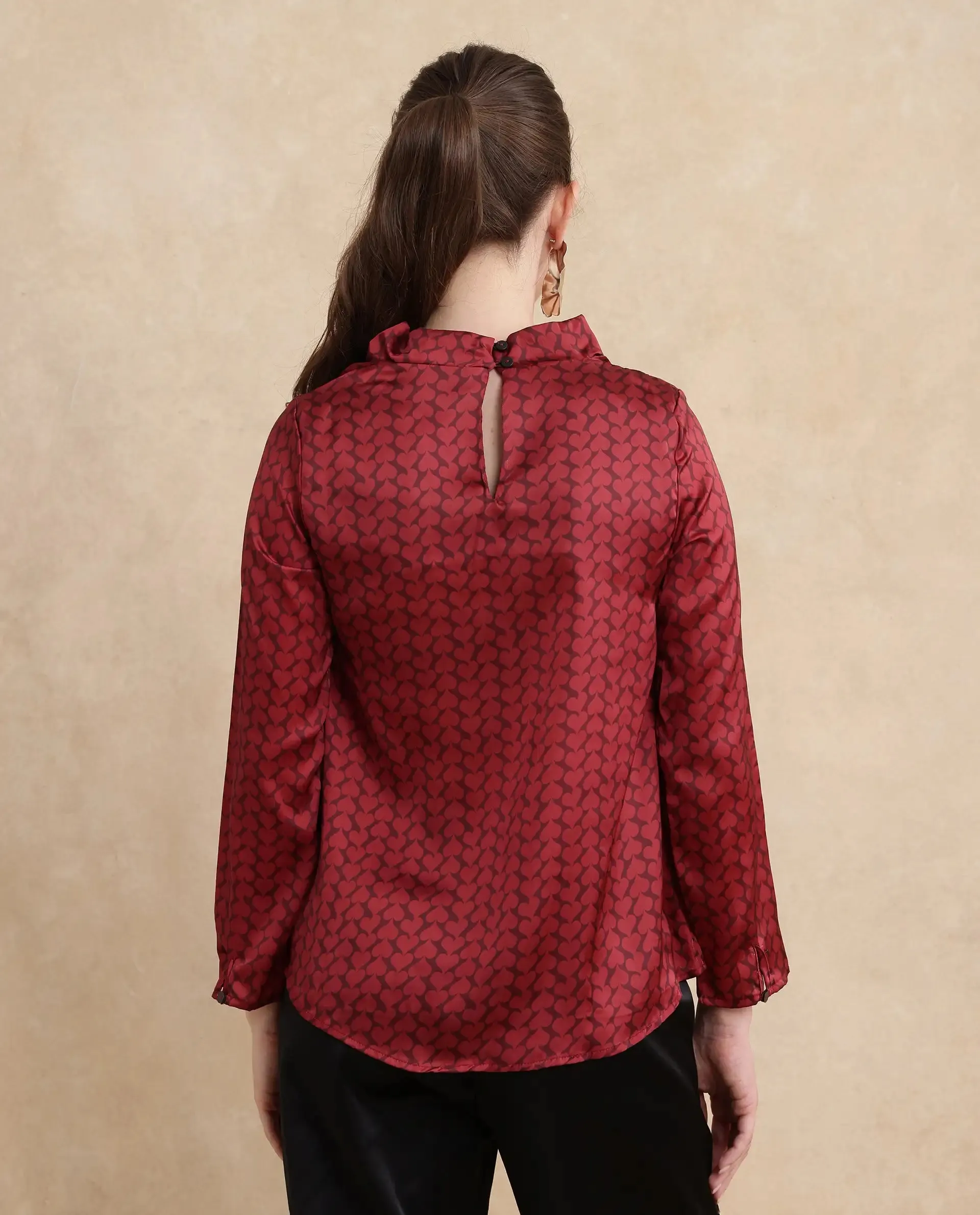 Rareism Women Lop Maroon Satin Regular Sleeves High Neck Button Closure Monogram Print Top