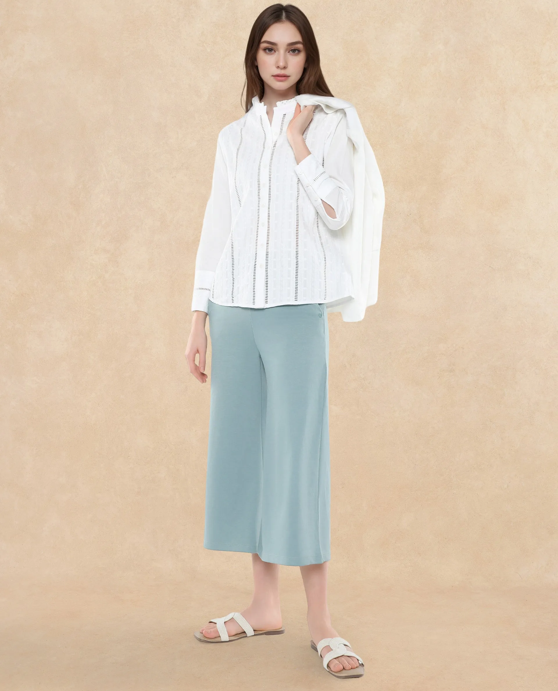 Rareism Women Melloyo Off White Cuffed Sleeves Mandarin Collar Button Closure Plain Top