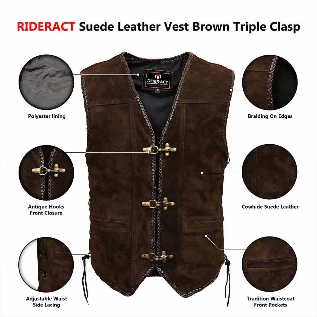 RIDERACT® Suede Leather Vest Brown Triple Clasp