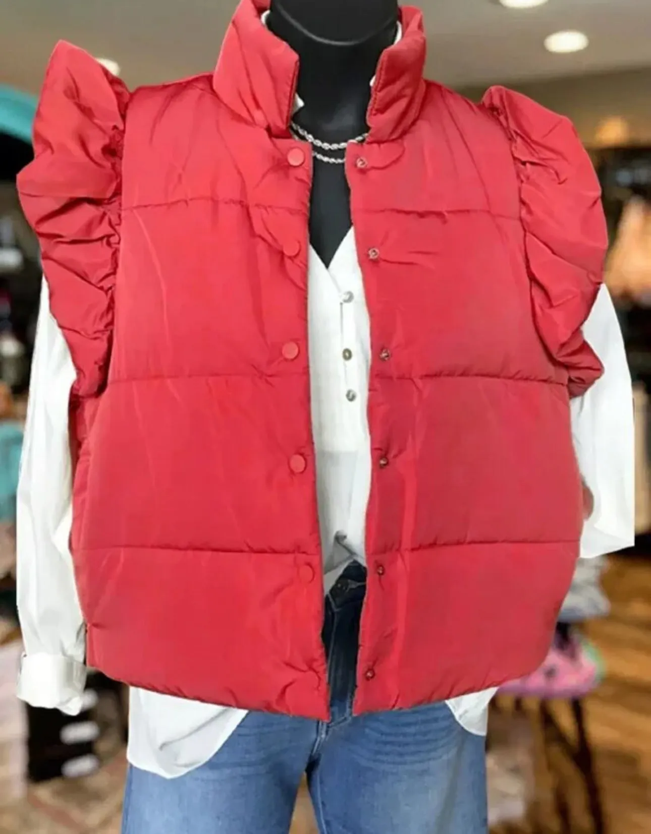 Ruffle My Fancy Puffer Vest (Black or Red)