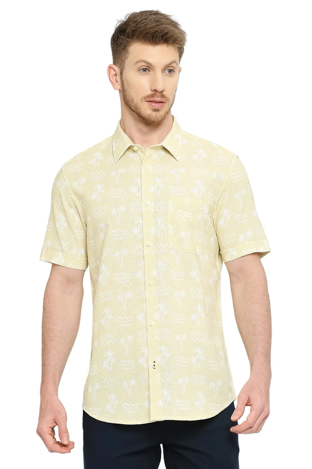 Slim Fit Cotton Hopsack Printed Halfsleeves Shirt