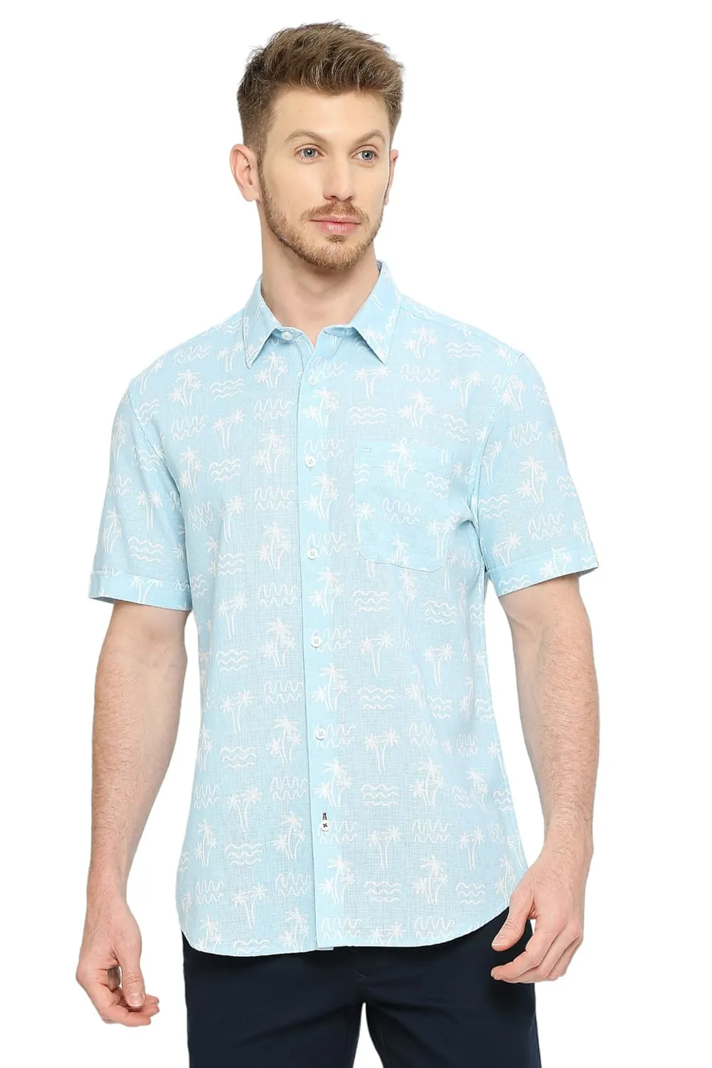 Slim Fit Cotton Hopsack Printed Halfsleeves Shirt