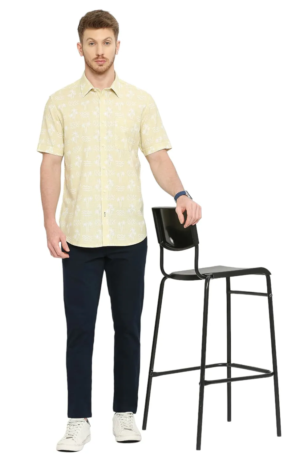 Slim Fit Cotton Hopsack Printed Halfsleeves Shirt