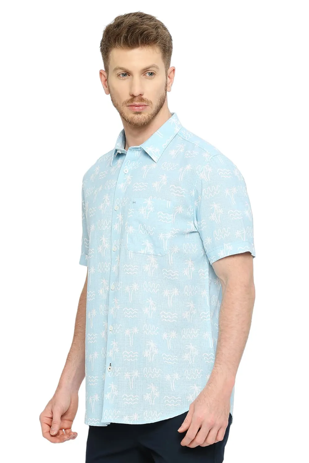 Slim Fit Cotton Hopsack Printed Halfsleeves Shirt