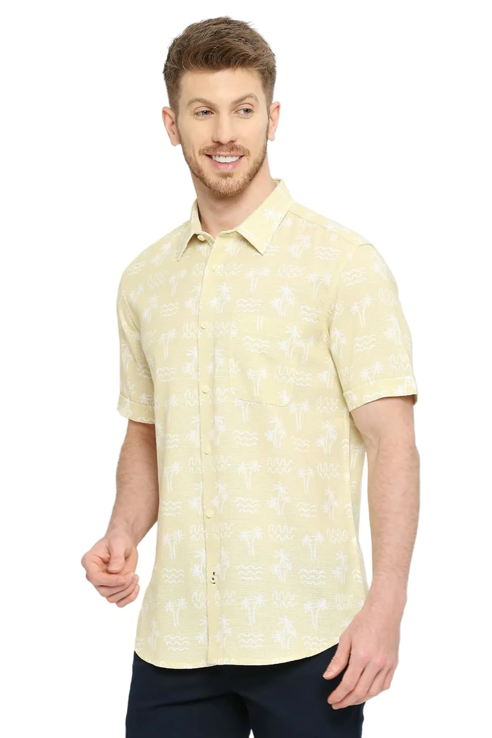 Slim Fit Cotton Hopsack Printed Halfsleeves Shirt