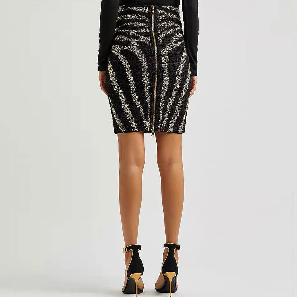 Sparkly Diamante Studded Zebra Print Mid Waist Tweed Knit Midi Pencil Skirt