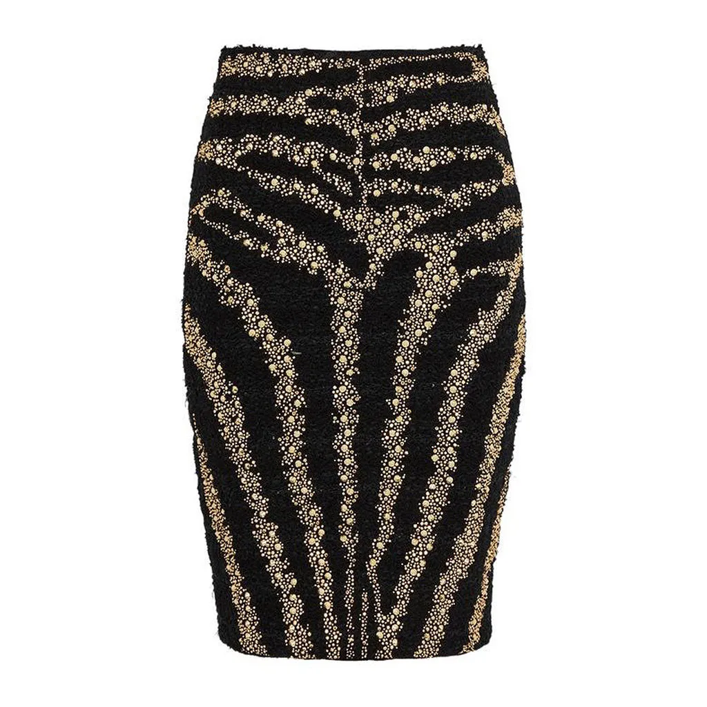 Sparkly Diamante Studded Zebra Print Mid Waist Tweed Knit Midi Pencil Skirt