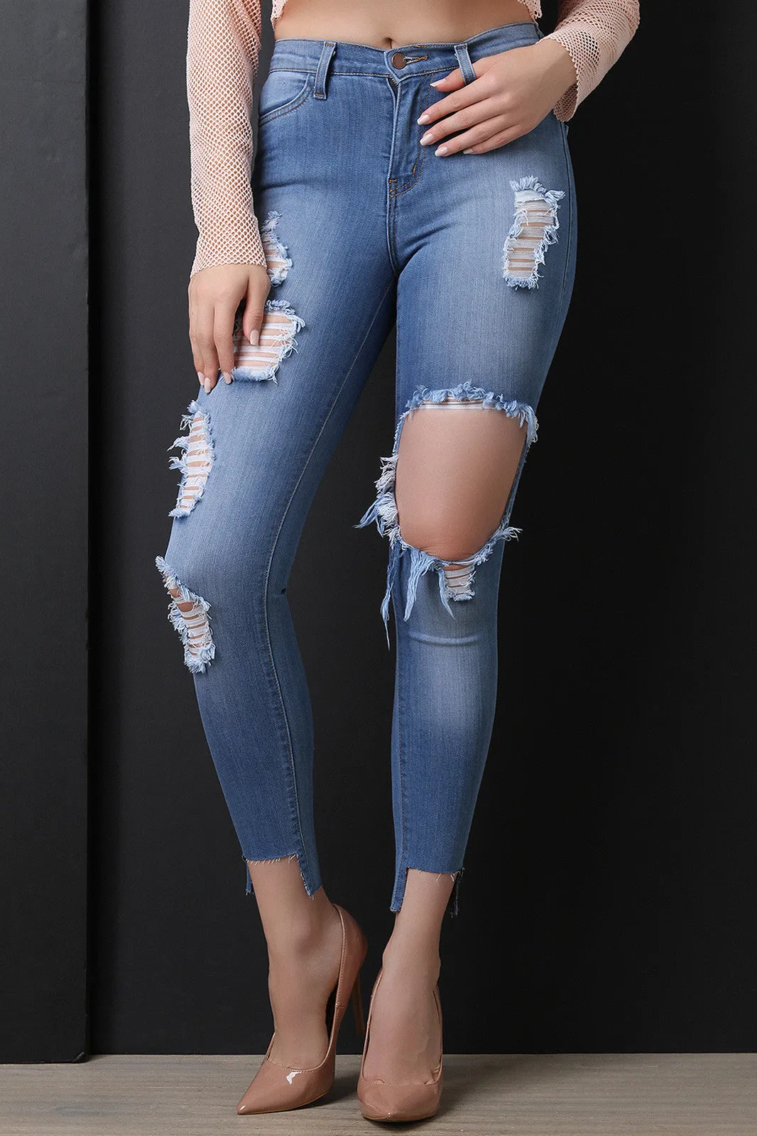 Square Hem Distress High Waisted Denim Jeans