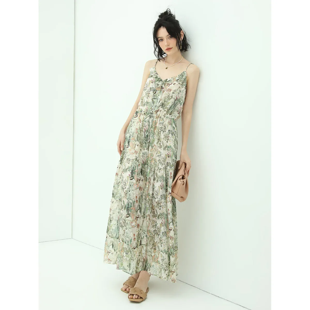 Strappy Floral Green Chiffon Maxi Dress