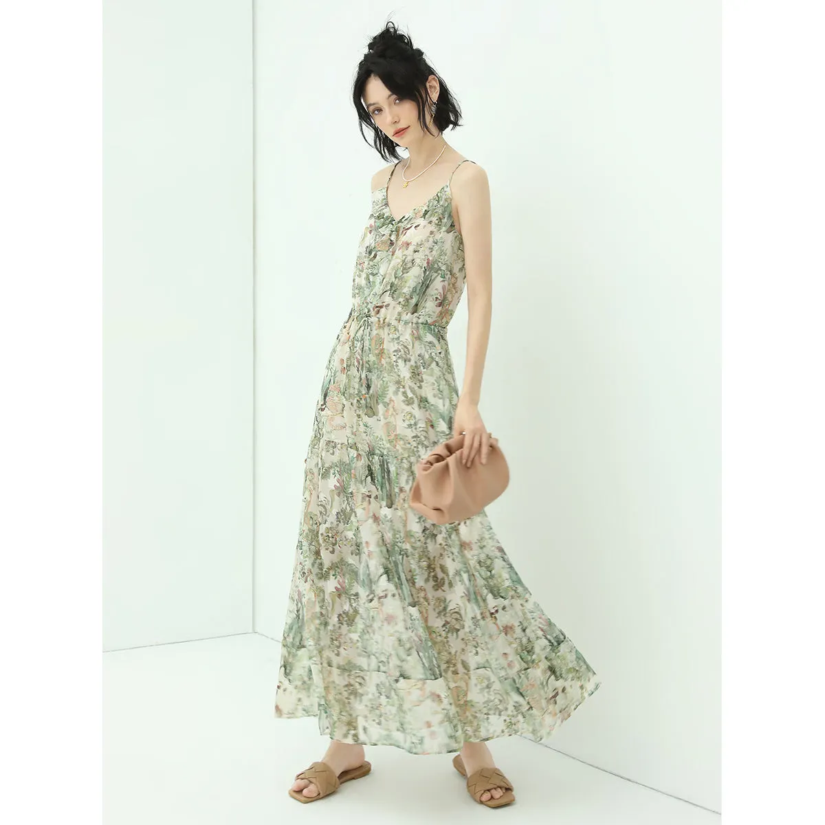 Strappy Floral Green Chiffon Maxi Dress