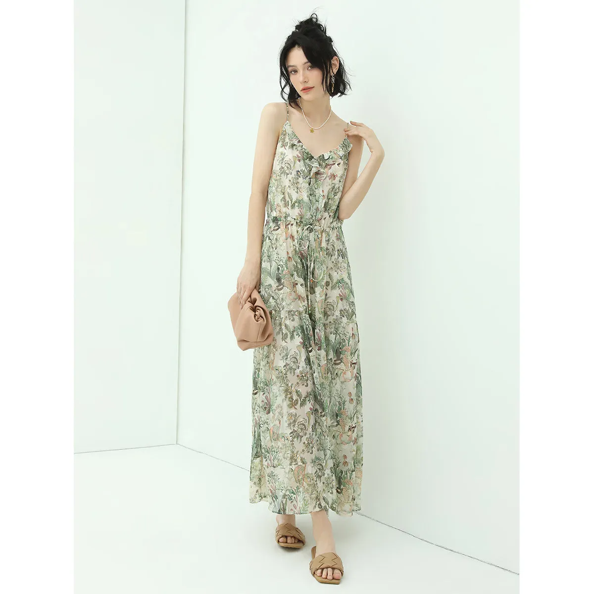 Strappy Floral Green Chiffon Maxi Dress