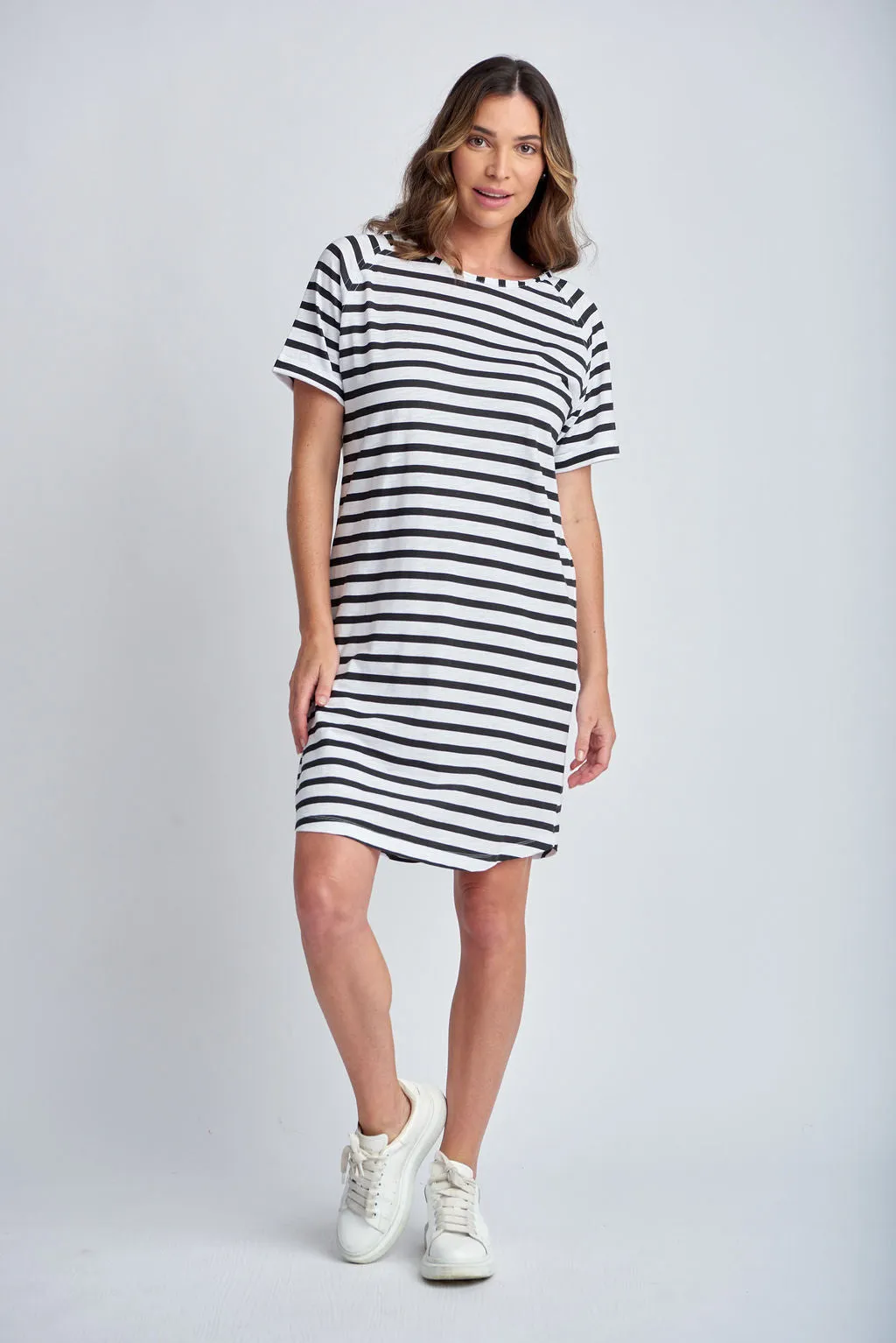 Stripe Raglan Sleeve Cotton Dress White/Black