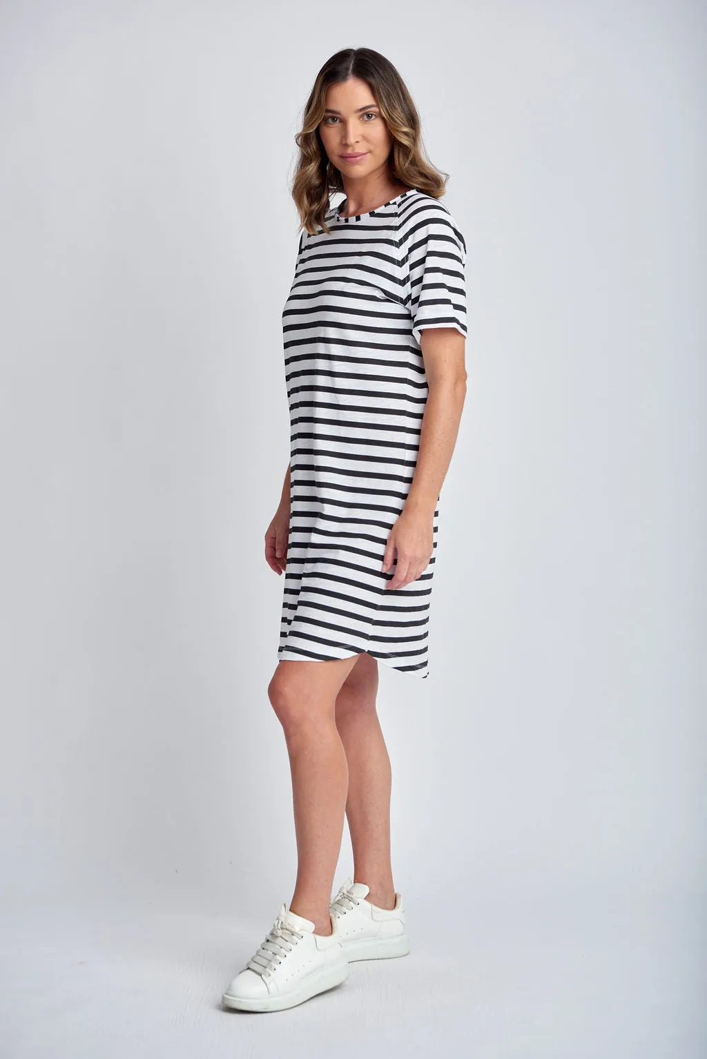 Stripe Raglan Sleeve Cotton Dress White/Black