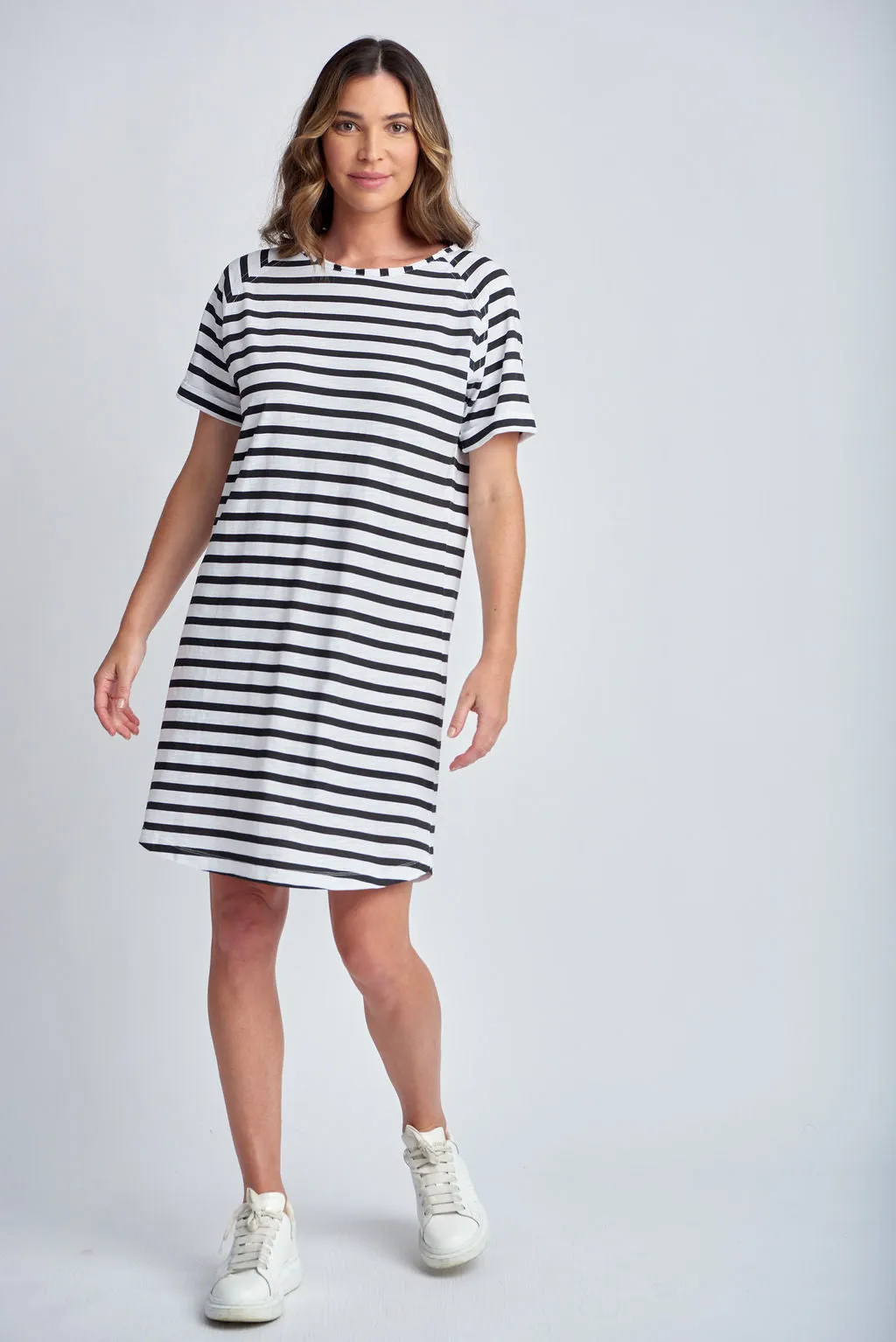 Stripe Raglan Sleeve Cotton Dress White/Black