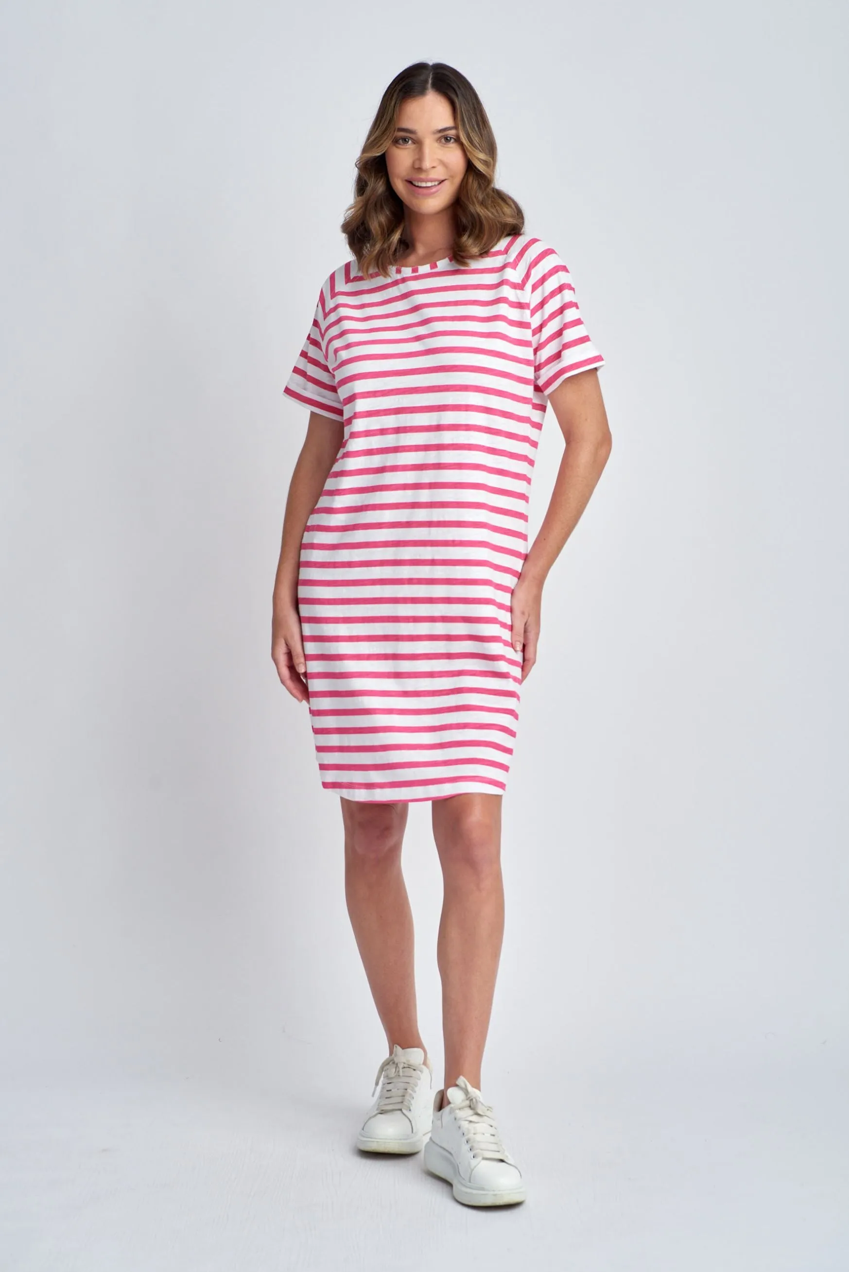 Stripe Raglan Sleeve Cotton Dress White/Raspberry