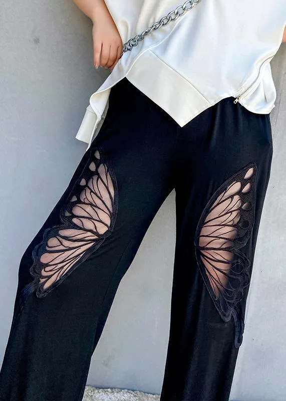 Summer high waist thin big pants women black butterfly pattern Harlan casual trousers