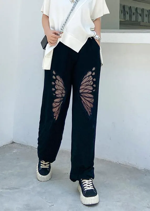 Summer high waist thin big pants women black butterfly pattern Harlan casual trousers