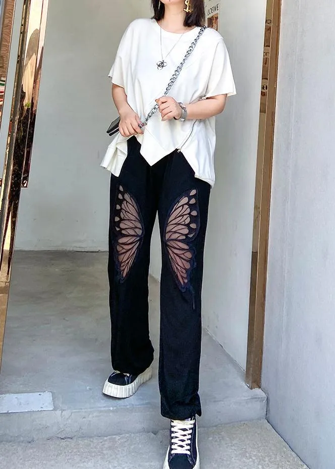 Summer high waist thin big pants women black butterfly pattern Harlan casual trousers