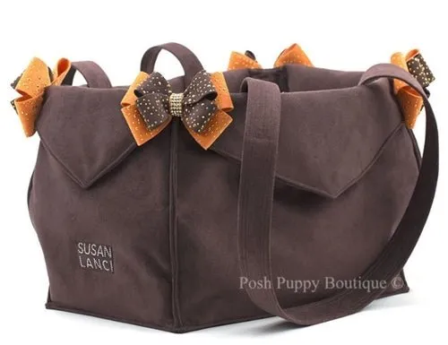 Susan Lanci Luxury Purse Carrier Collection- Ultrasuede in Cholocate and Orange Nouveau Bow