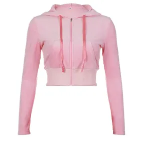 Sweet Pink Zip-Up Autumn Hoodie Jacket Cropped Coat Korean Fashion Slim Sweatshirt Coquette Clothes Pockets Outerwear