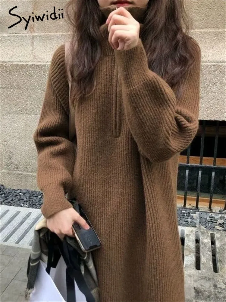 Syiwidii Autumn Winter Midi Dress Woman 2022 Warm Turtleneck Thicken Vintage Long Oversize Sweaters Dresses Casual Knitted Dress