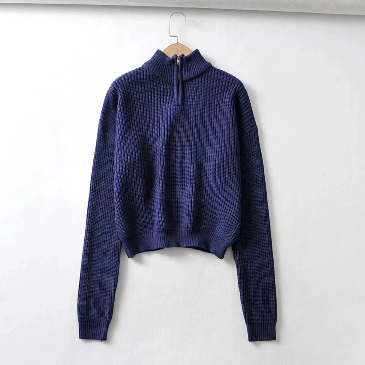 TAVIMART  -  Vintage Solid Knitted Sweater Women Autumn Half Zipper Turtleneck Long Sleeve Sweaters Top Femme Simple Casual Knit Jumper