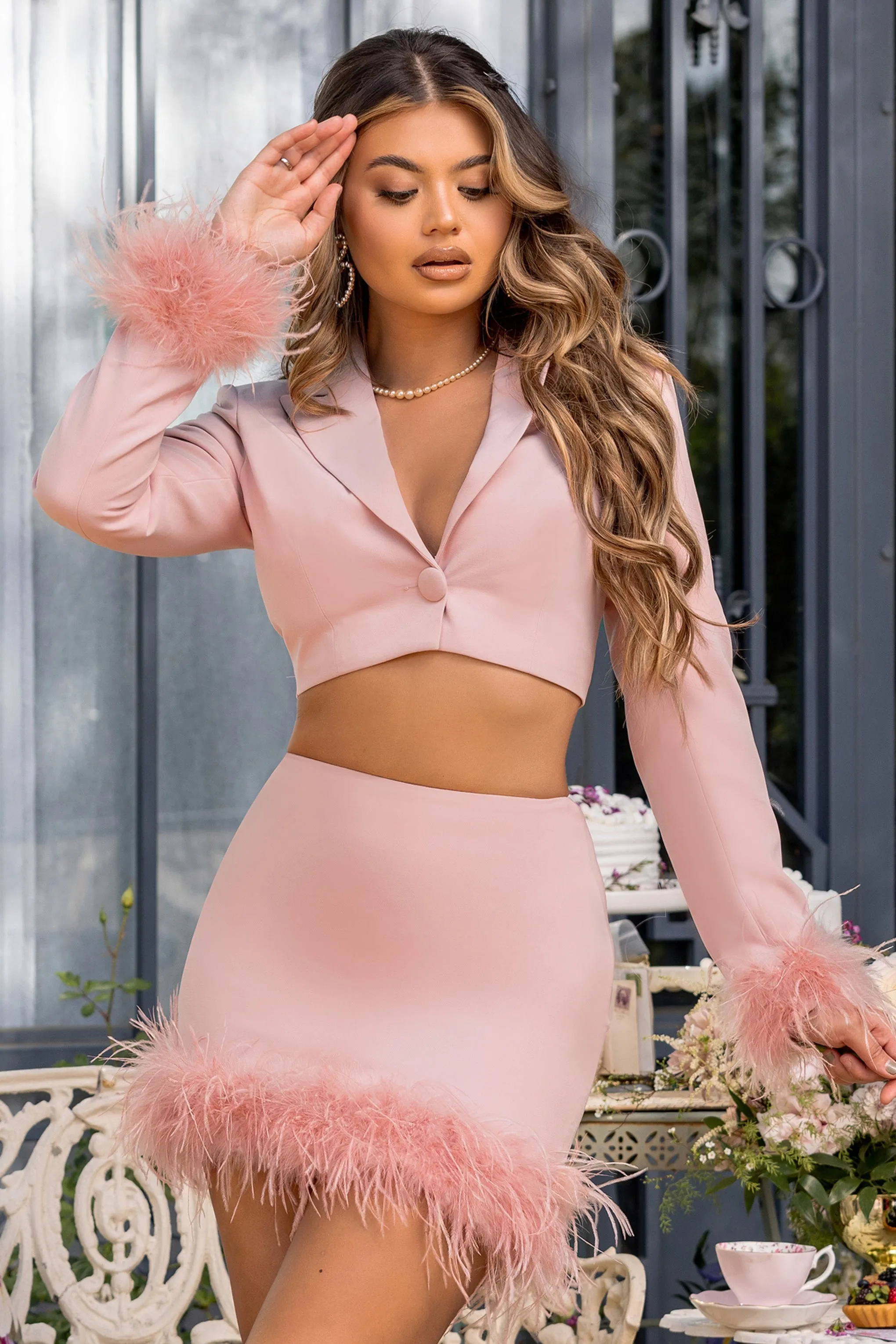 Tempting | Pink Cropped Blazer With Feather Trim On Sleeve Cuff