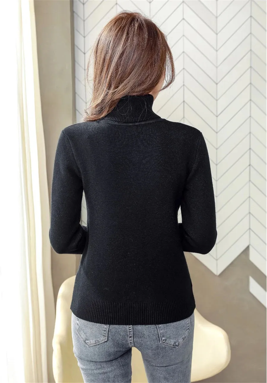 Turtleneck Winter Sweater Women Elegant Thicken Velvet Lined Warm Sueter Knitted Pullover Slim Tops Jersey Knitwear Jumper New