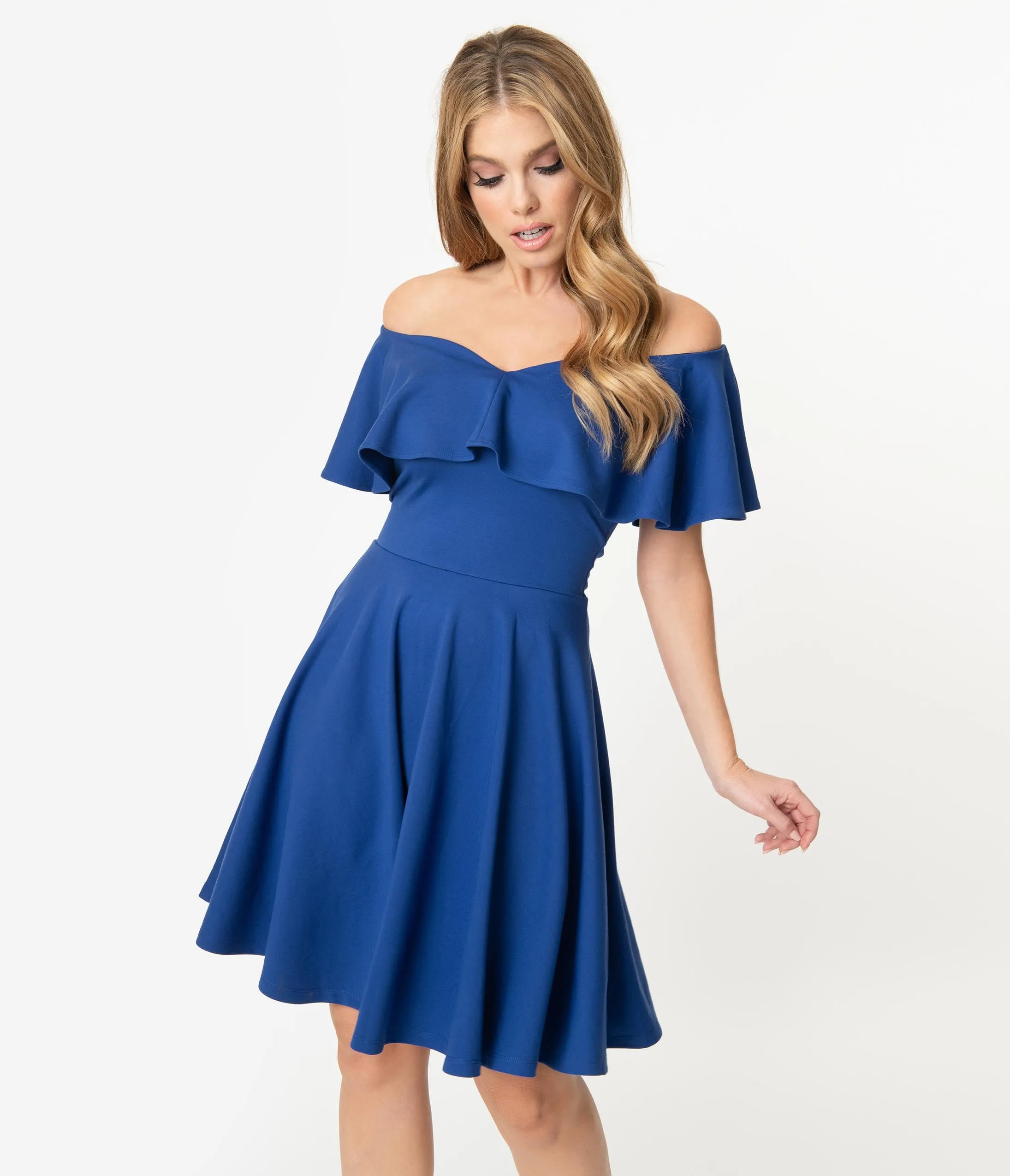 Unique Vintage Royal Blue Off Shoulder Ruffle Gidget Fit & Flare Dress