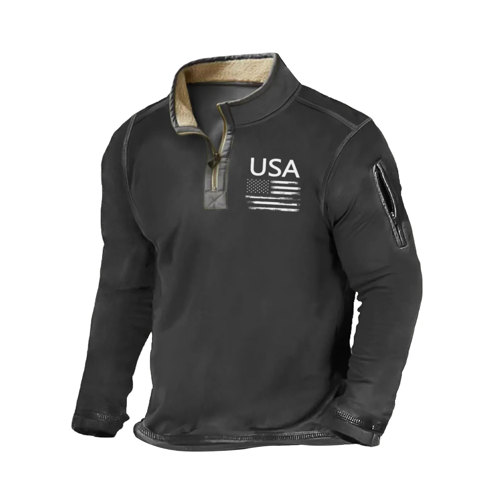 USA FLAG FUR COLLAR SPLICED  ZIPPER GRAPHIC POCKET SWEATSHIRT