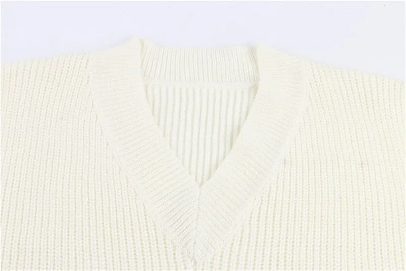 V Neck Sleeveless Sweater Vest Knitted Jumper Autumn Winter Split White Preppy Pullover Loose Top