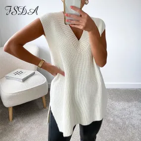 V Neck Sleeveless Sweater Vest Knitted Jumper Autumn Winter Split White Preppy Pullover Loose Top