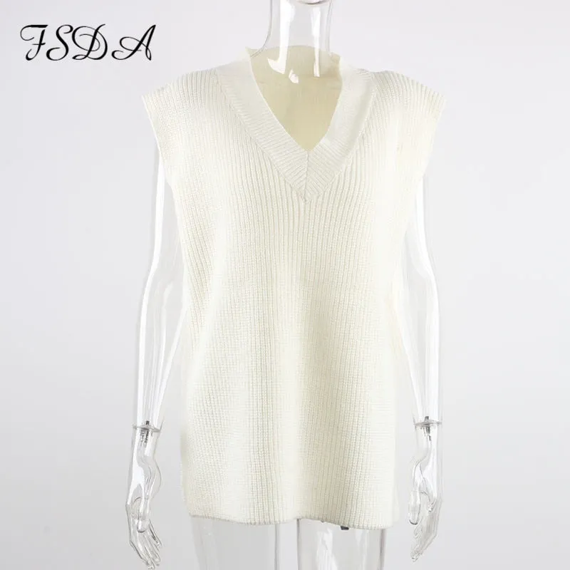 V Neck Sleeveless Sweater Vest Knitted Jumper Autumn Winter Split White Preppy Pullover Loose Top