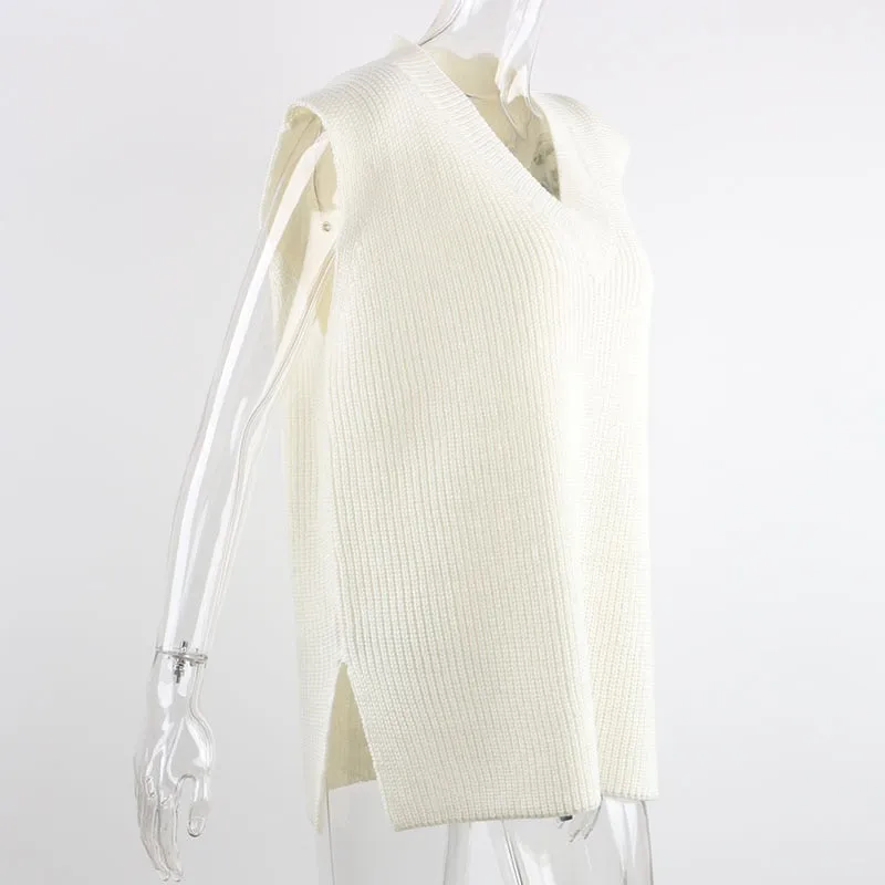 V Neck Sleeveless Sweater Vest Knitted Jumper Autumn Winter Split White Preppy Pullover Loose Top