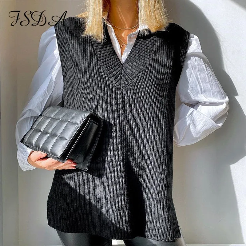 V Neck Sleeveless Sweater Vest Knitted Jumper Autumn Winter Split White Preppy Pullover Loose Top