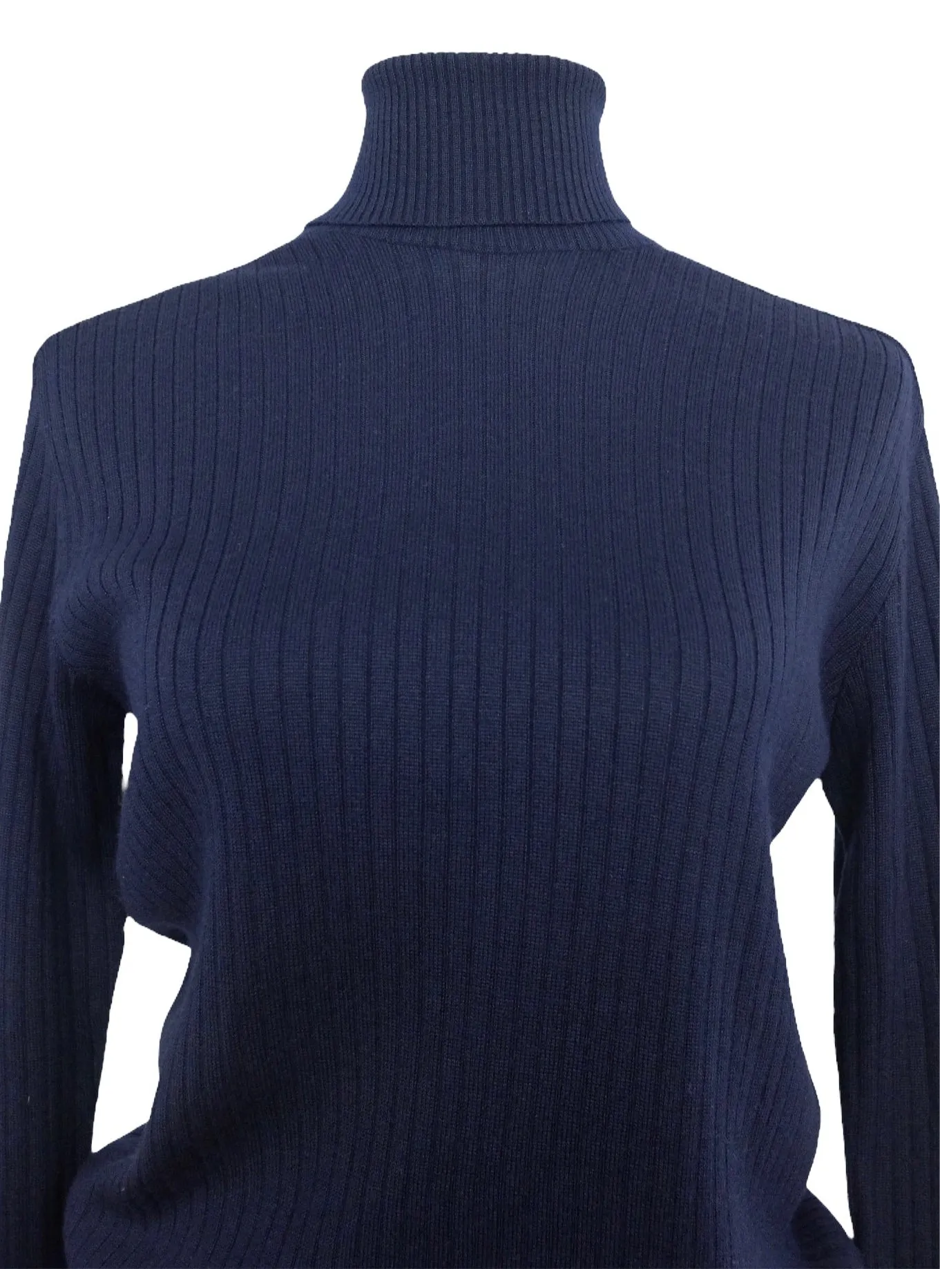 Vintage 80s Wool Blend Mod Boho Preppy Chic Basic Navy Blue Pullover Roll Neck Turtleneck Long Sleeve Ribbed Blouse | Size L-XL