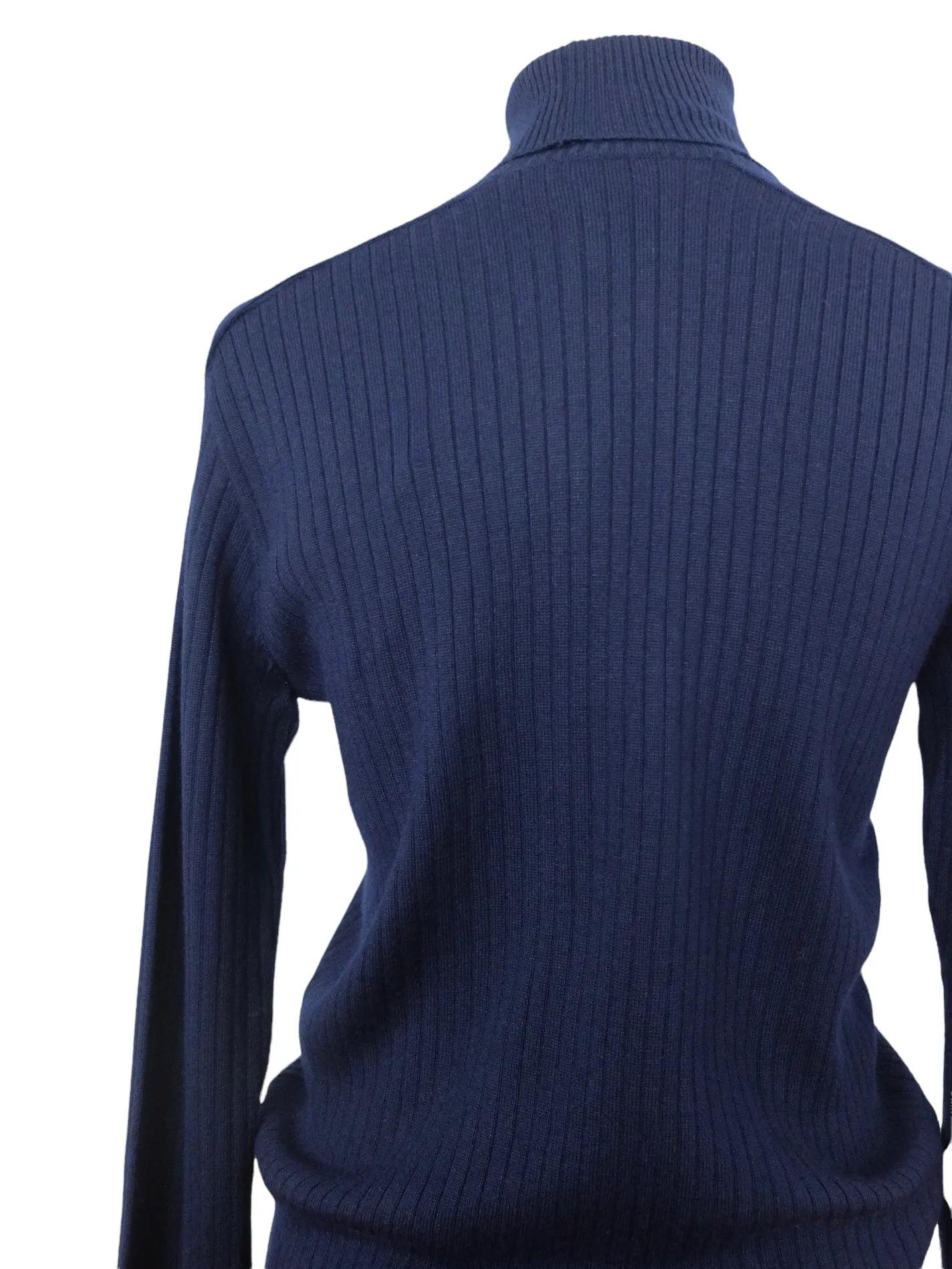 Vintage 80s Wool Blend Mod Boho Preppy Chic Basic Navy Blue Pullover Roll Neck Turtleneck Long Sleeve Ribbed Blouse | Size L-XL