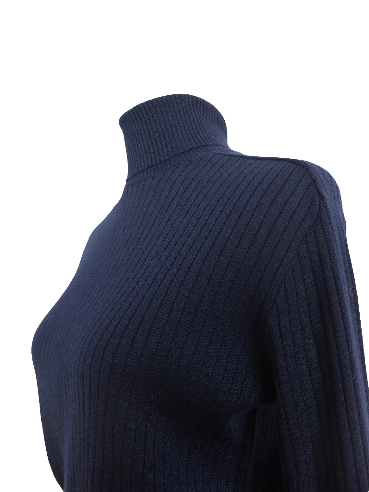 Vintage 80s Wool Blend Mod Boho Preppy Chic Basic Navy Blue Pullover Roll Neck Turtleneck Long Sleeve Ribbed Blouse | Size L-XL